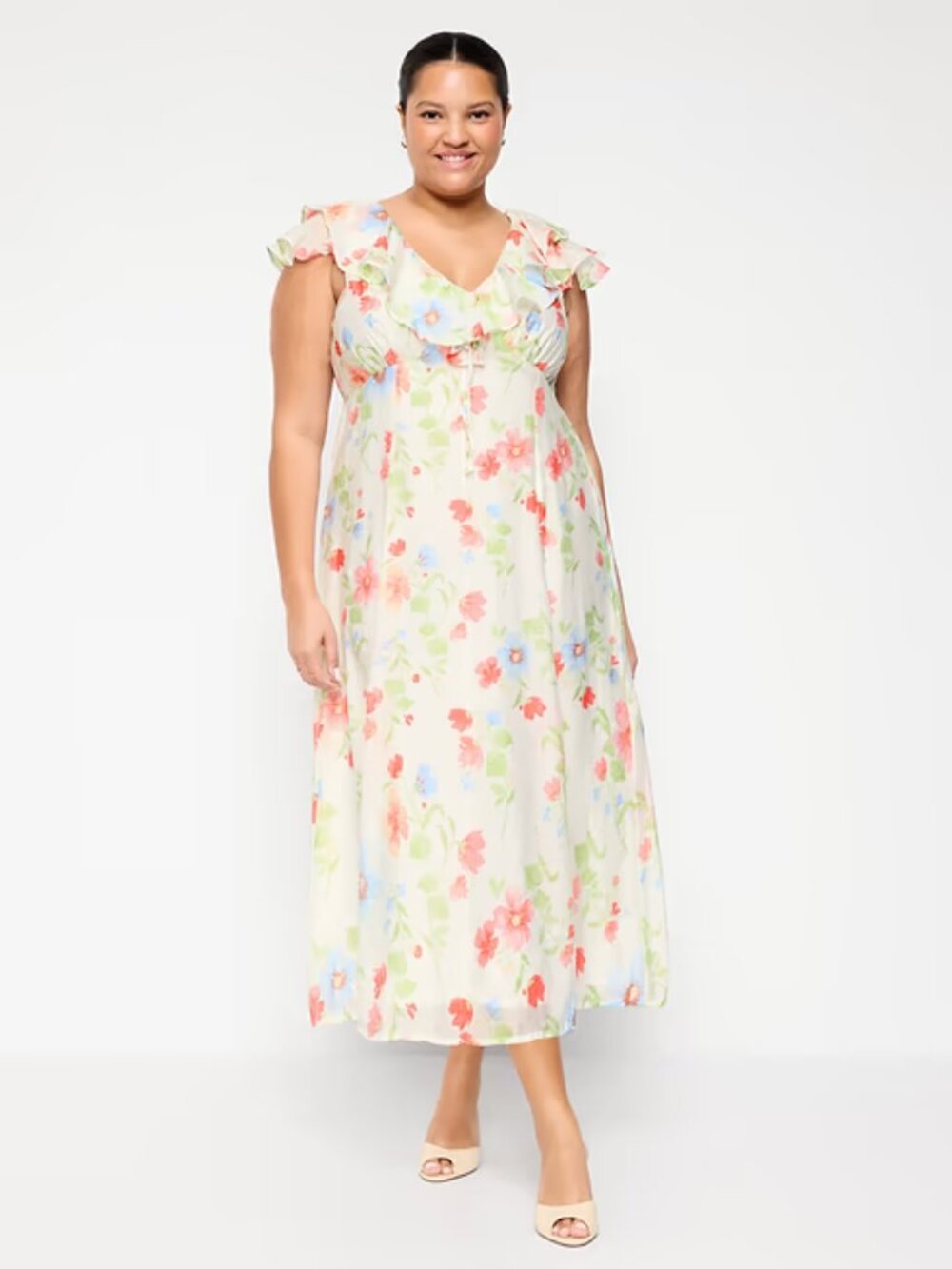 Ruffle-Sleeve Fit & Flare Midi Dress, White Floral, XL